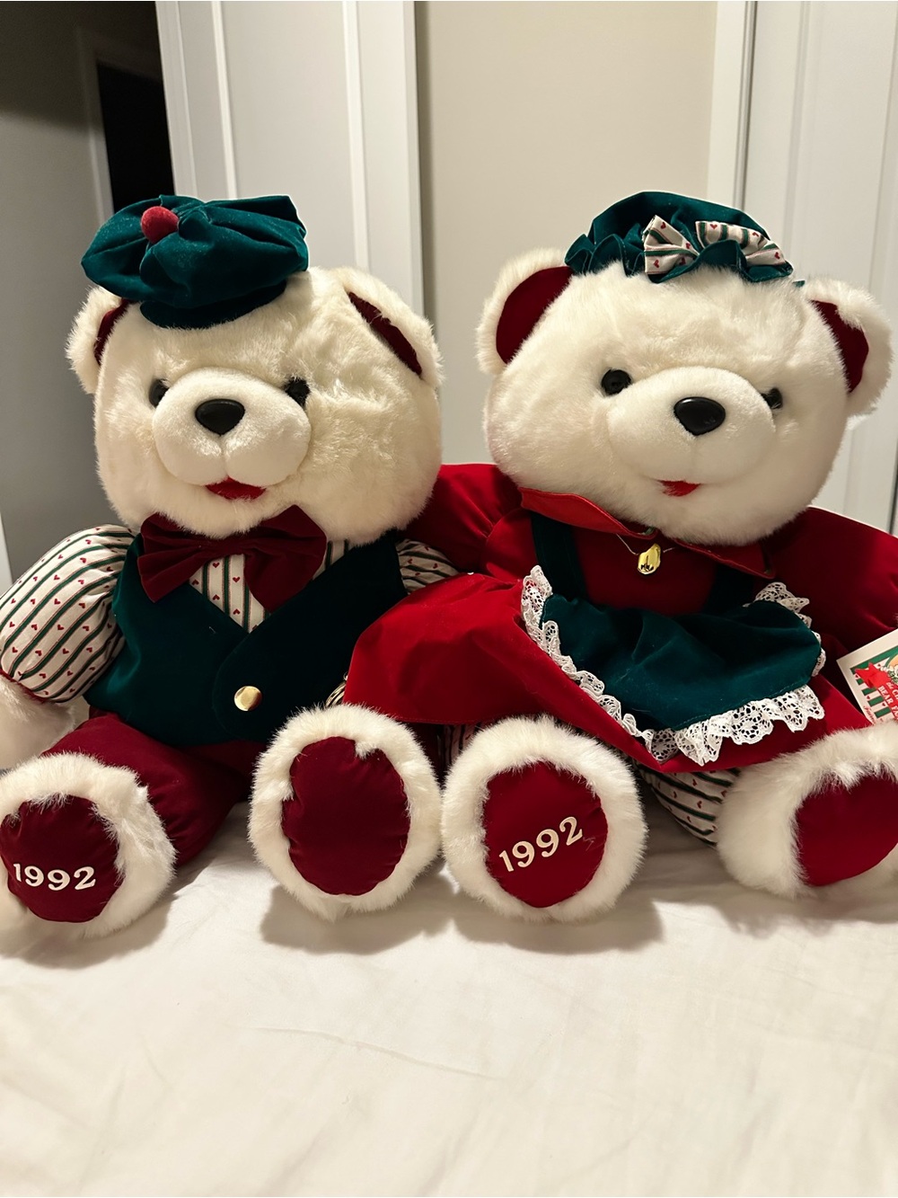 Vintage 1992 Kmart Christmas Bear Family Plush Pair w/Clothes Tag Pocket Watch